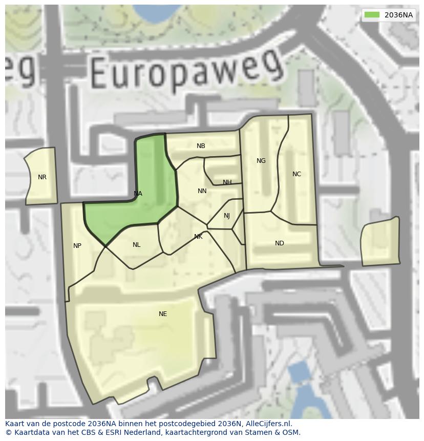 Afbeelding van het postcodegebied 2036 NA op de kaart.