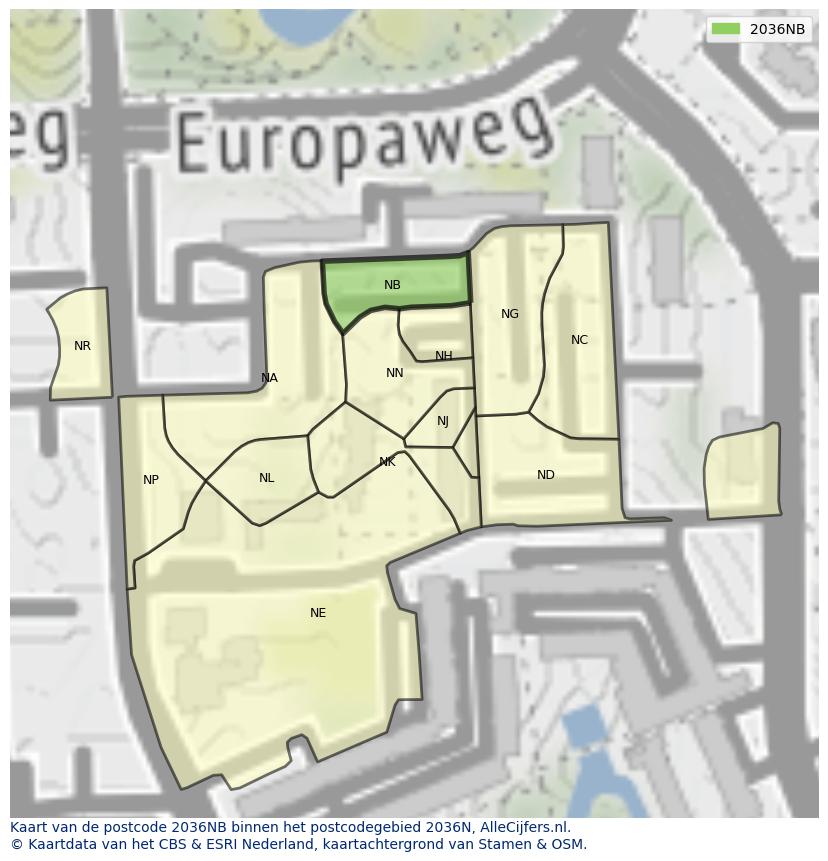 Afbeelding van het postcodegebied 2036 NB op de kaart.