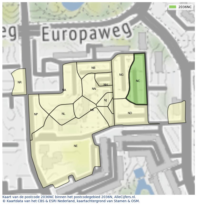Afbeelding van het postcodegebied 2036 NC op de kaart.