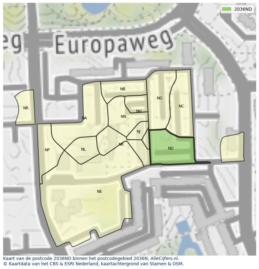 Afbeelding van het postcodegebied 2036 ND op de kaart.