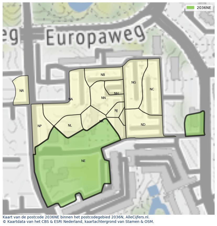 Afbeelding van het postcodegebied 2036 NE op de kaart.