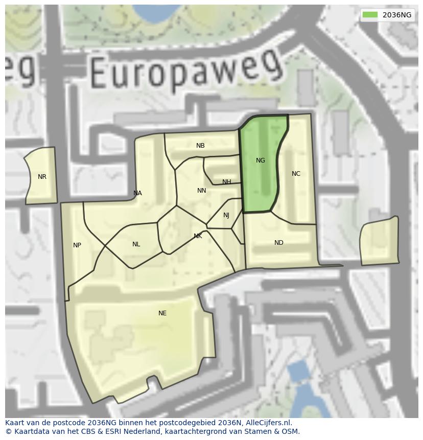 Afbeelding van het postcodegebied 2036 NG op de kaart.