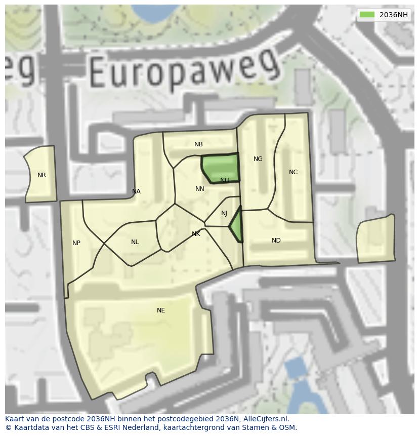 Afbeelding van het postcodegebied 2036 NH op de kaart.