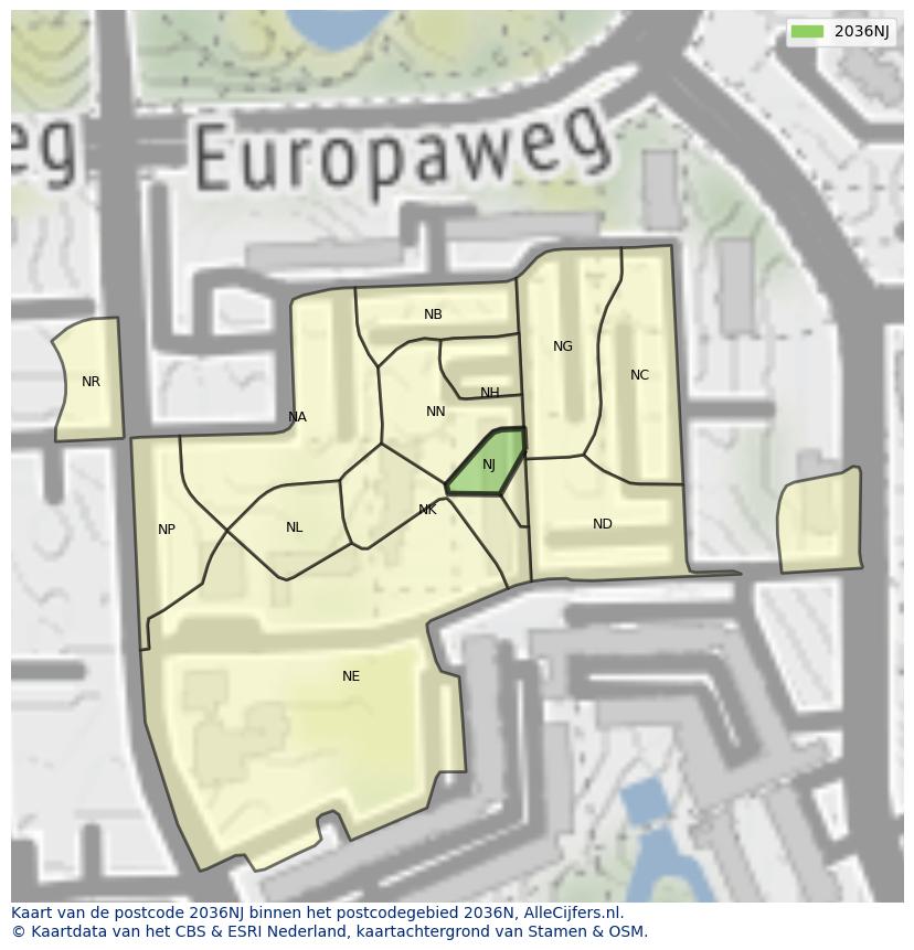 Afbeelding van het postcodegebied 2036 NJ op de kaart.