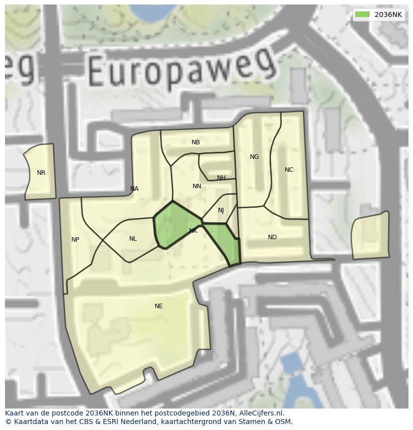 Afbeelding van het postcodegebied 2036 NK op de kaart.