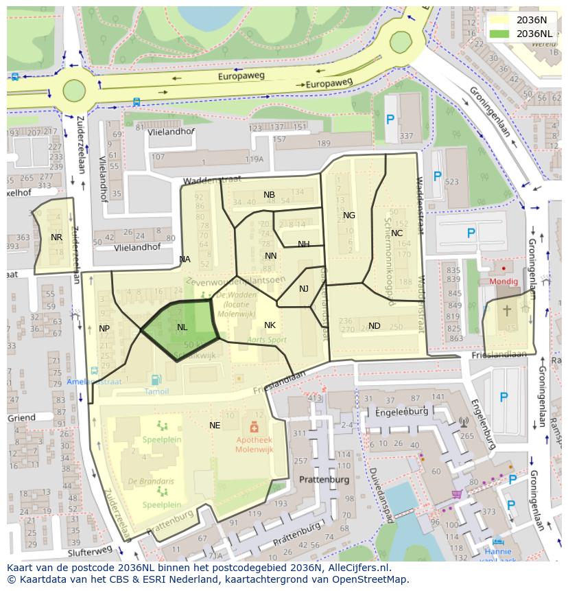 Afbeelding van het postcodegebied 2036 NL op de kaart.