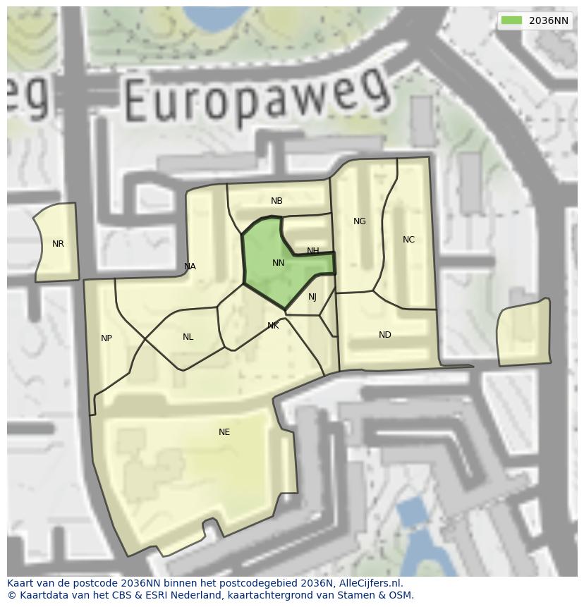 Afbeelding van het postcodegebied 2036 NN op de kaart.