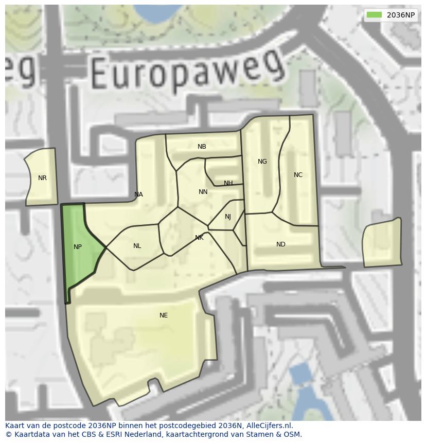 Afbeelding van het postcodegebied 2036 NP op de kaart.