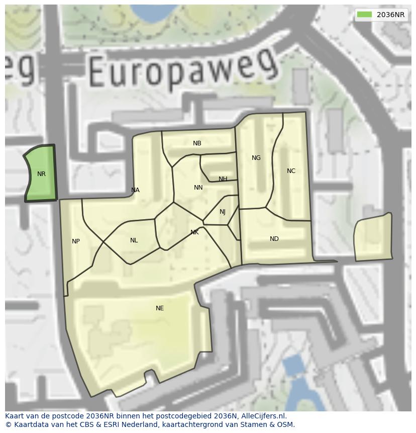 Afbeelding van het postcodegebied 2036 NR op de kaart.