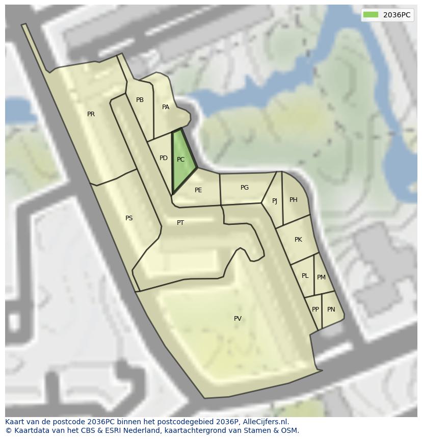 Afbeelding van het postcodegebied 2036 PC op de kaart.