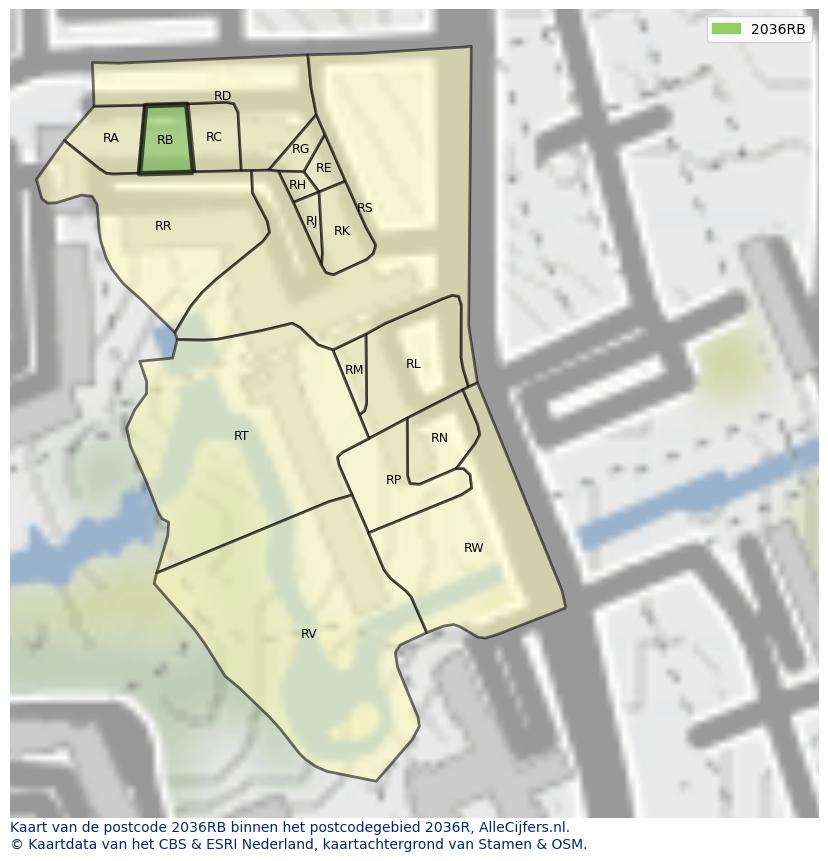 Afbeelding van het postcodegebied 2036 RB op de kaart.