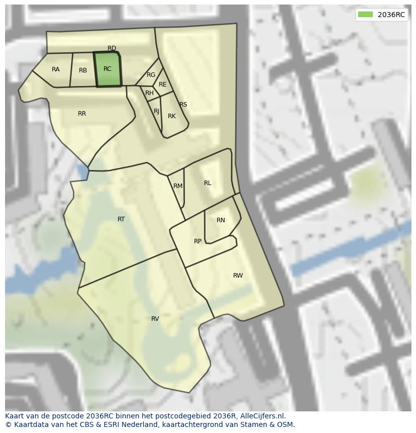 Afbeelding van het postcodegebied 2036 RC op de kaart.