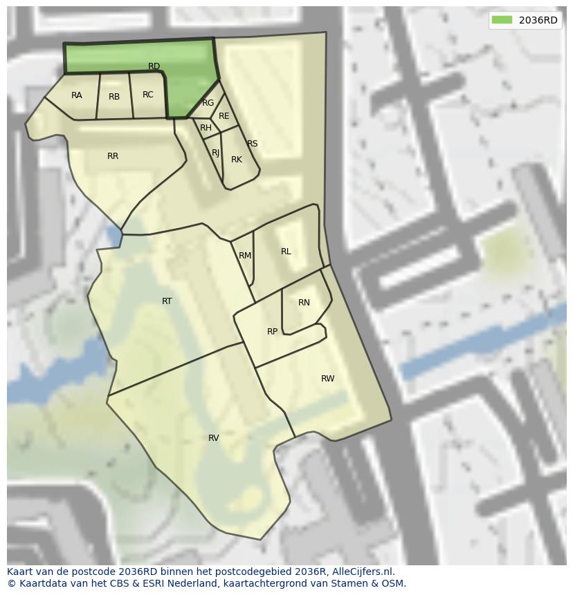 Afbeelding van het postcodegebied 2036 RD op de kaart.