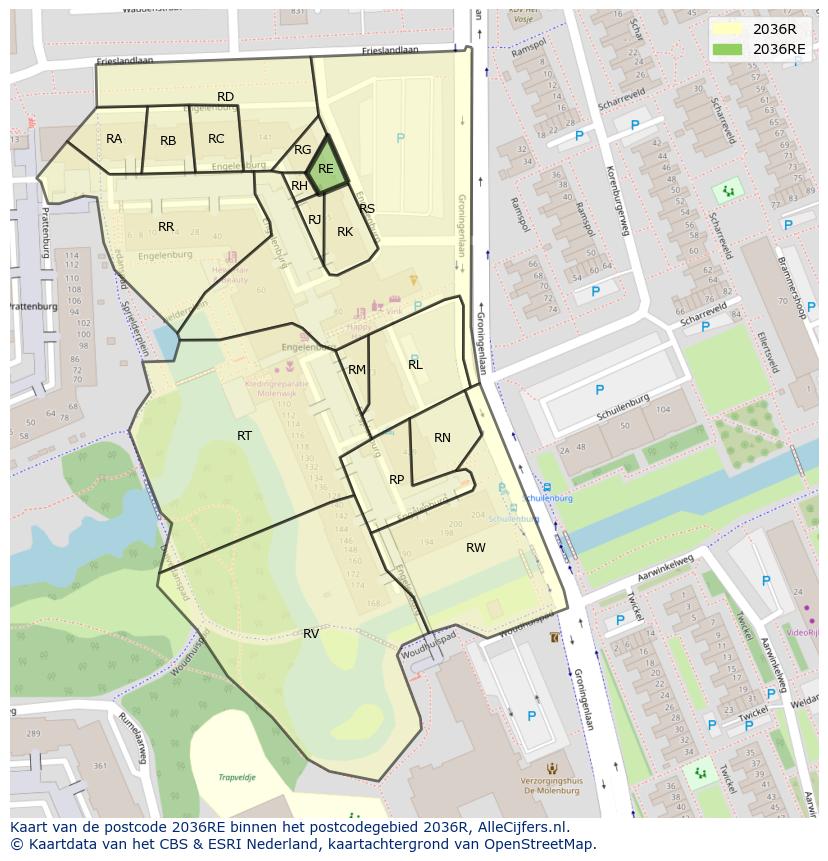 Afbeelding van het postcodegebied 2036 RE op de kaart.