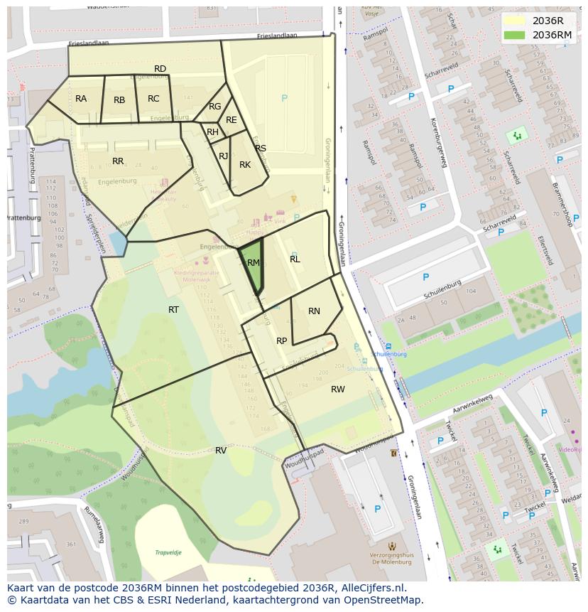 Afbeelding van het postcodegebied 2036 RM op de kaart.