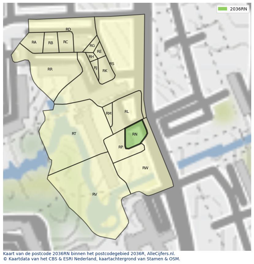 Afbeelding van het postcodegebied 2036 RN op de kaart.