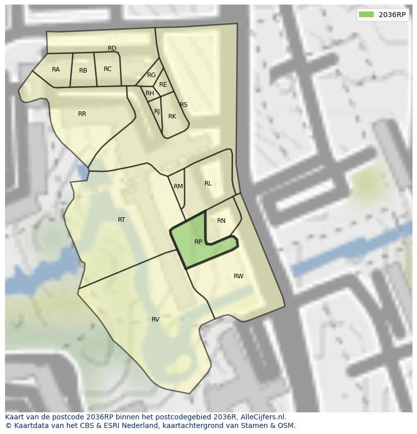 Afbeelding van het postcodegebied 2036 RP op de kaart.