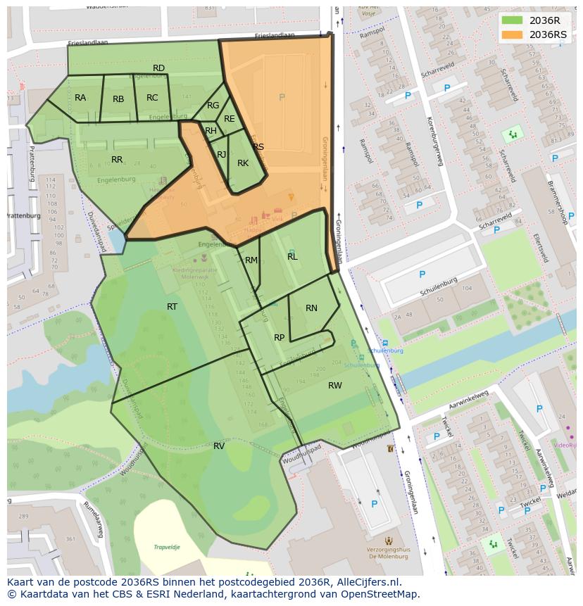 Afbeelding van het postcodegebied 2036 RS op de kaart.