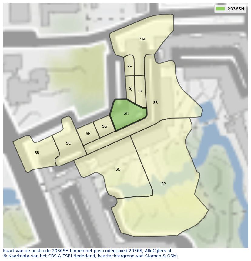 Afbeelding van het postcodegebied 2036 SH op de kaart.