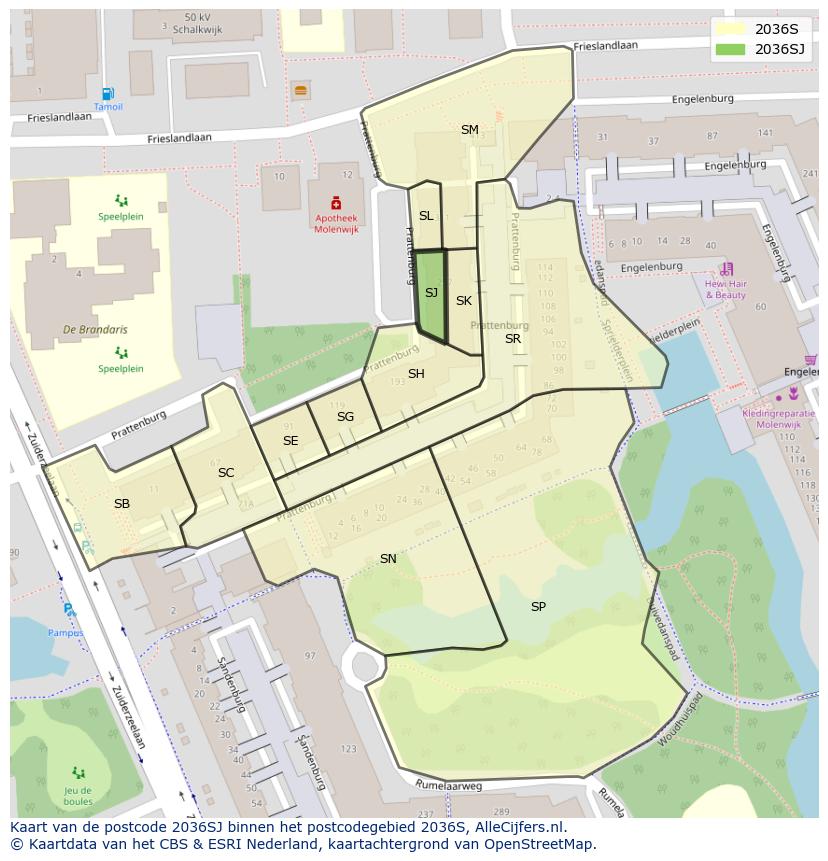 Afbeelding van het postcodegebied 2036 SJ op de kaart.
