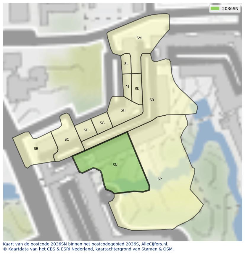 Afbeelding van het postcodegebied 2036 SN op de kaart.