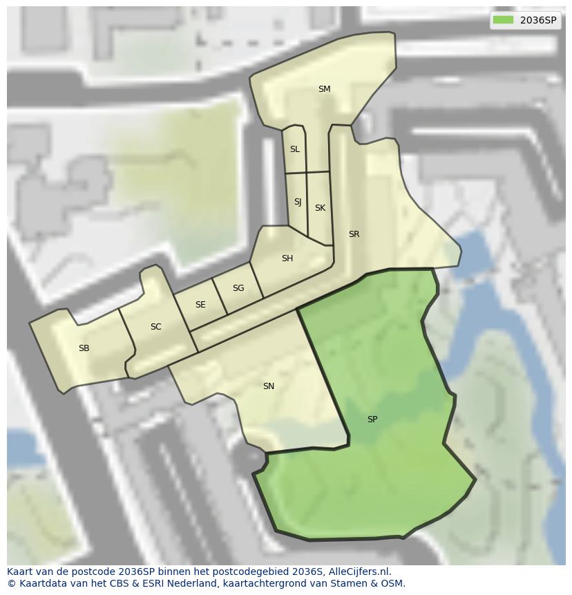 Afbeelding van het postcodegebied 2036 SP op de kaart.
