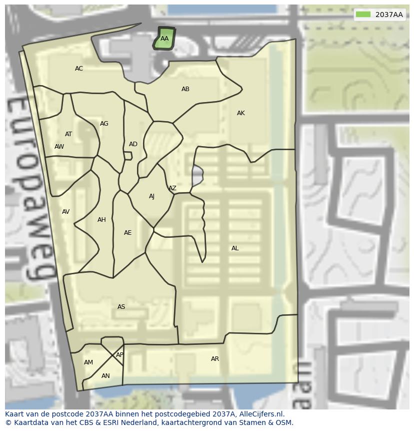 Afbeelding van het postcodegebied 2037 AA op de kaart.