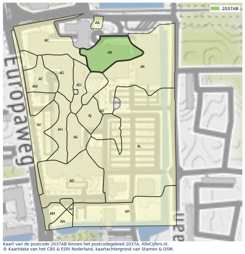 Afbeelding van het postcodegebied 2037 AB op de kaart.