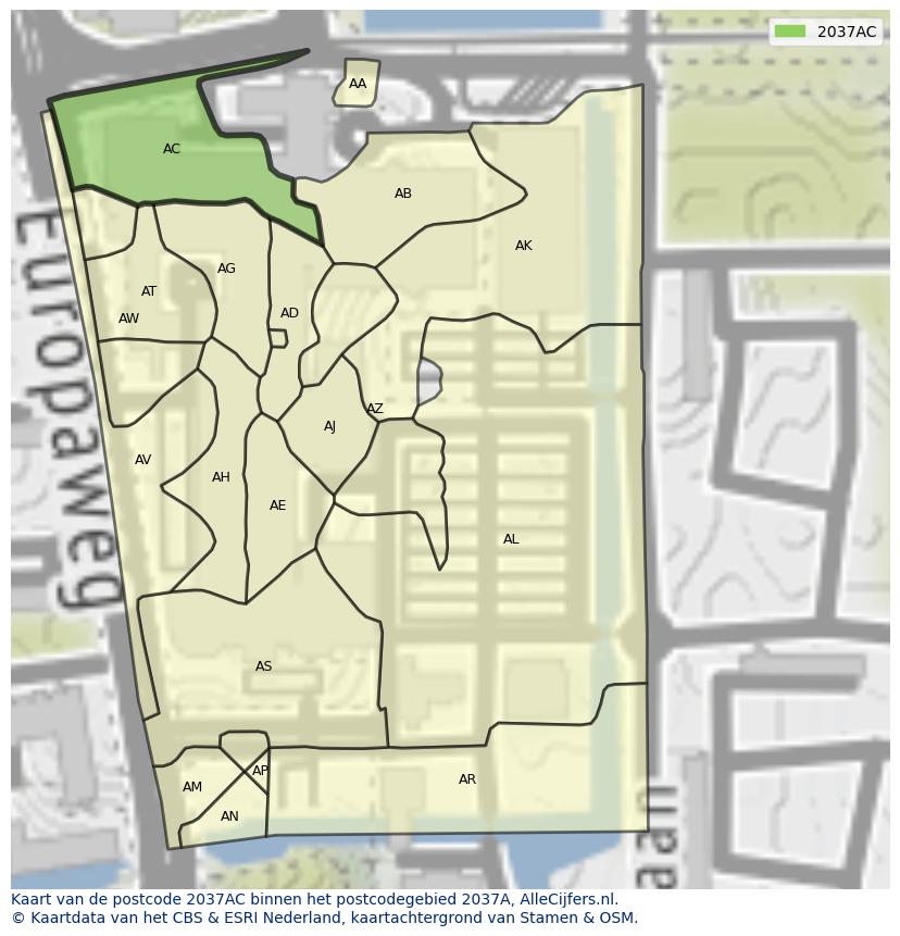 Afbeelding van het postcodegebied 2037 AC op de kaart.