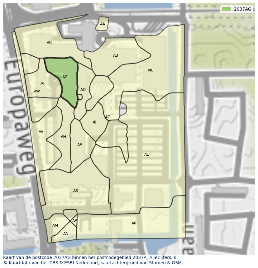 Afbeelding van het postcodegebied 2037 AG op de kaart.