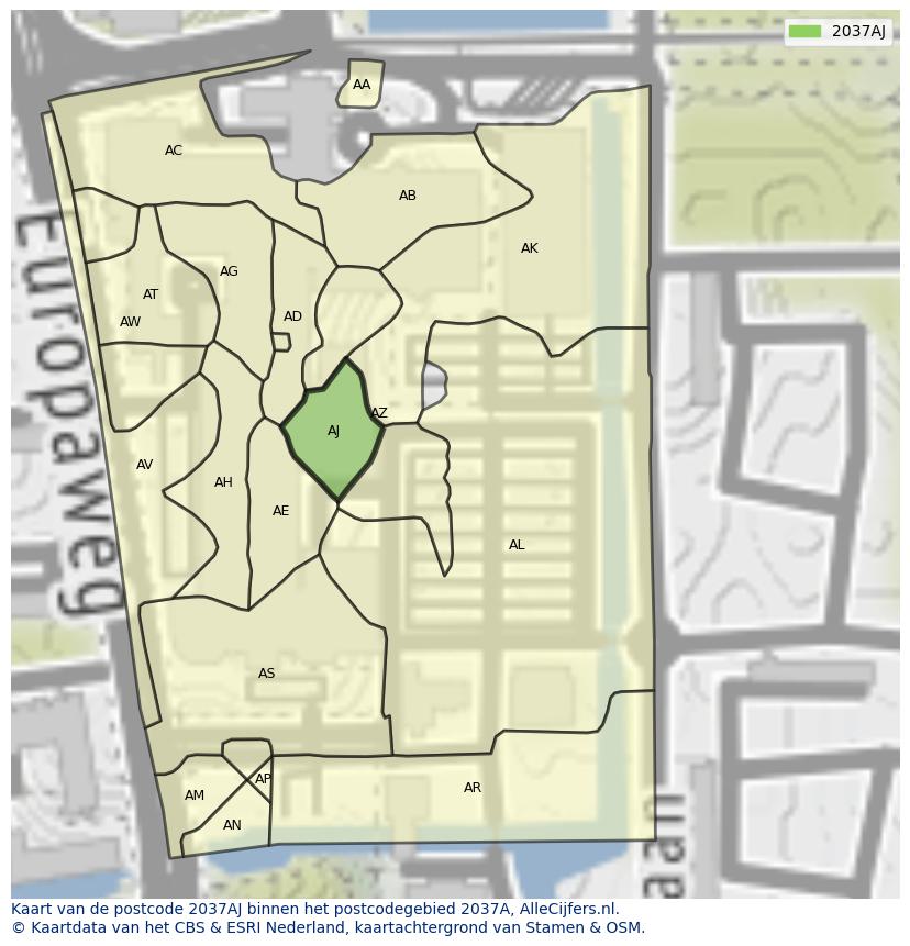 Afbeelding van het postcodegebied 2037 AJ op de kaart.