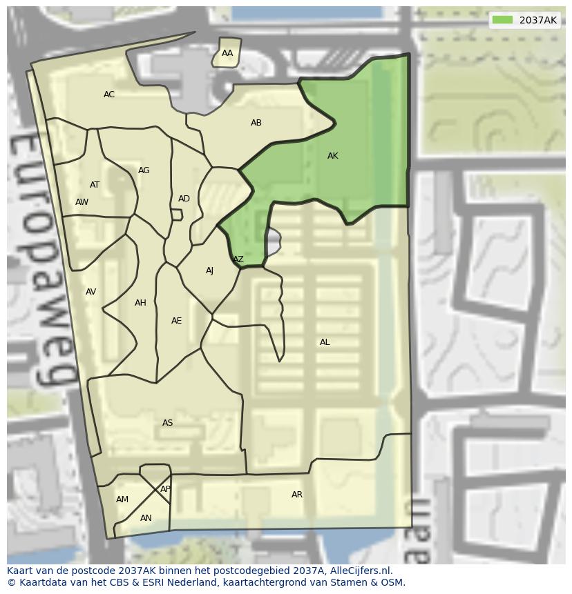 Afbeelding van het postcodegebied 2037 AK op de kaart.