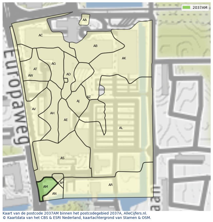 Afbeelding van het postcodegebied 2037 AM op de kaart.