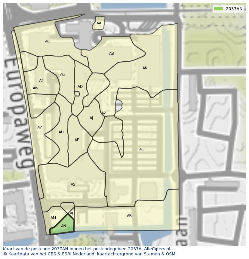 Afbeelding van het postcodegebied 2037 AN op de kaart.