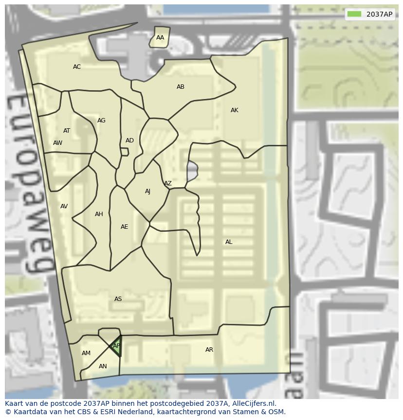 Afbeelding van het postcodegebied 2037 AP op de kaart.