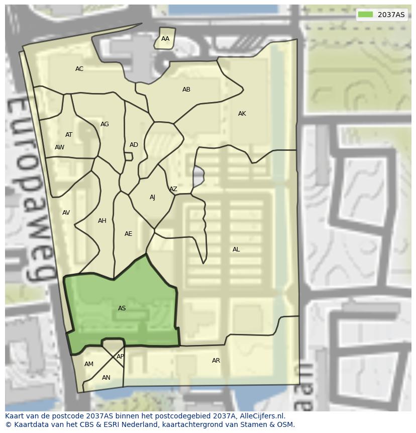 Afbeelding van het postcodegebied 2037 AS op de kaart.