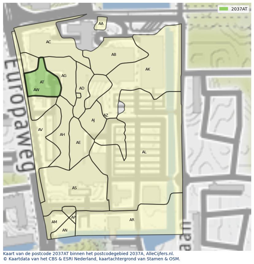 Afbeelding van het postcodegebied 2037 AT op de kaart.