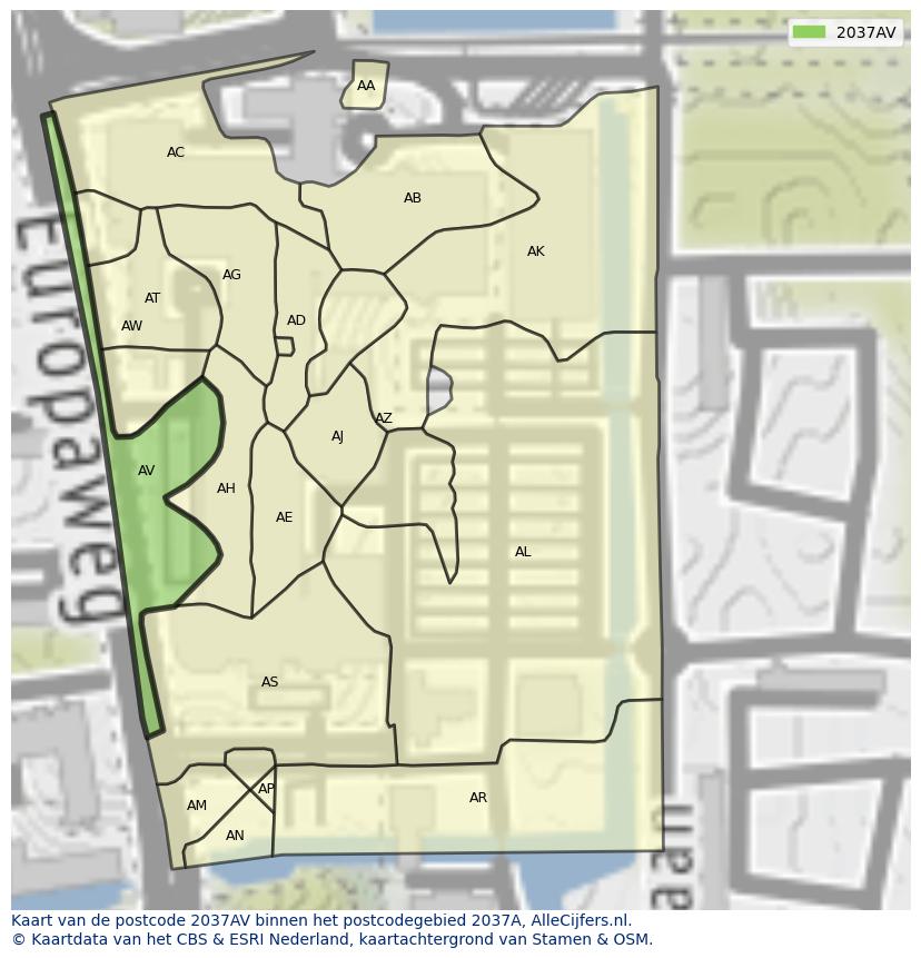 Afbeelding van het postcodegebied 2037 AV op de kaart.