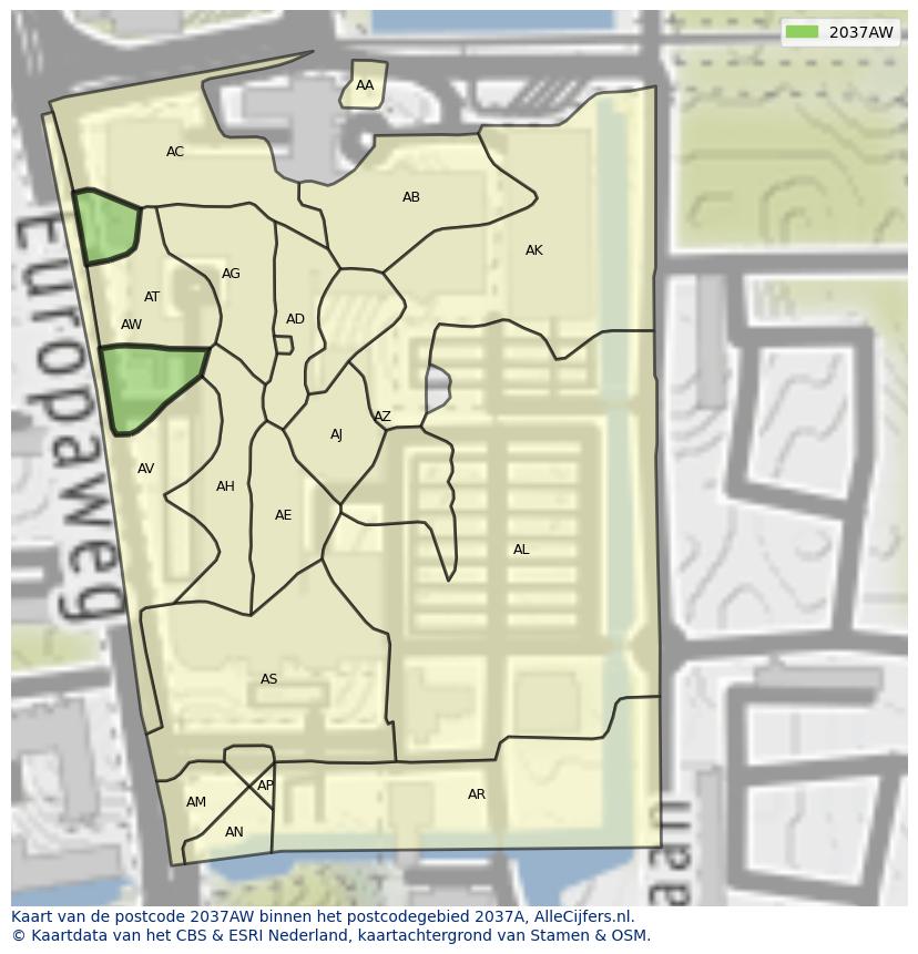 Afbeelding van het postcodegebied 2037 AW op de kaart.