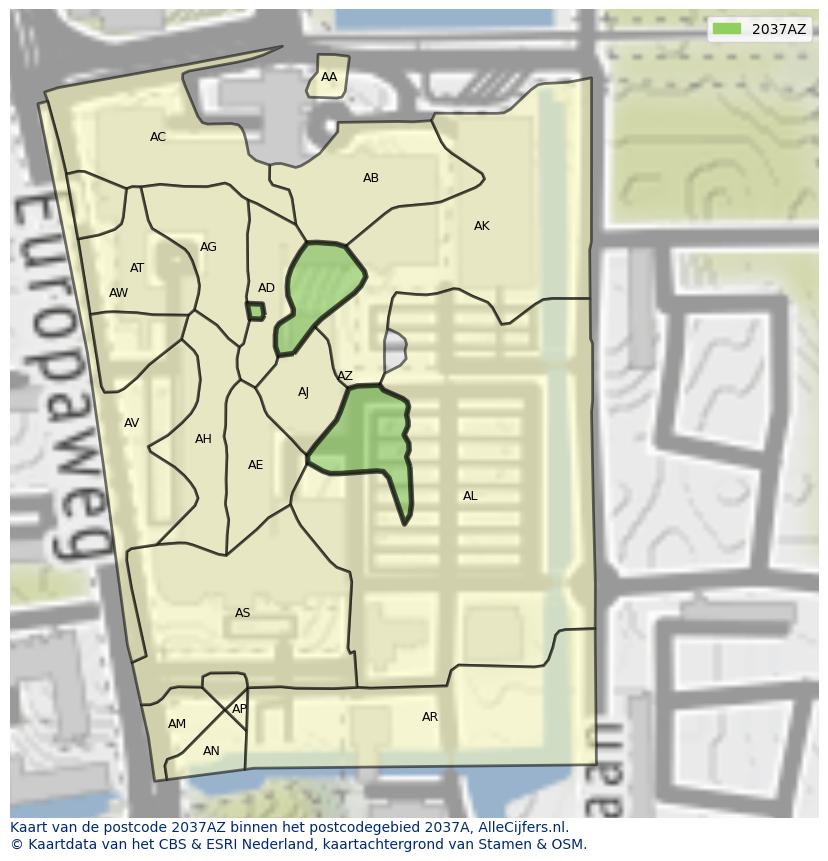 Afbeelding van het postcodegebied 2037 AZ op de kaart.
