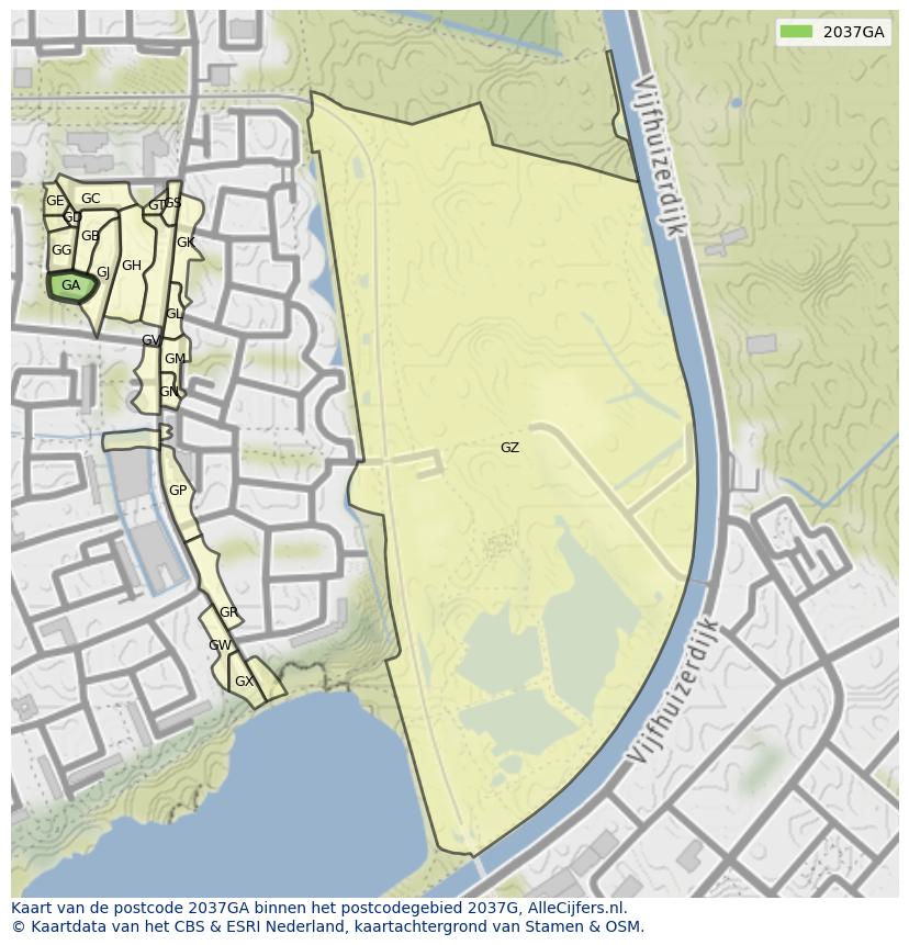 Afbeelding van het postcodegebied 2037 GA op de kaart.