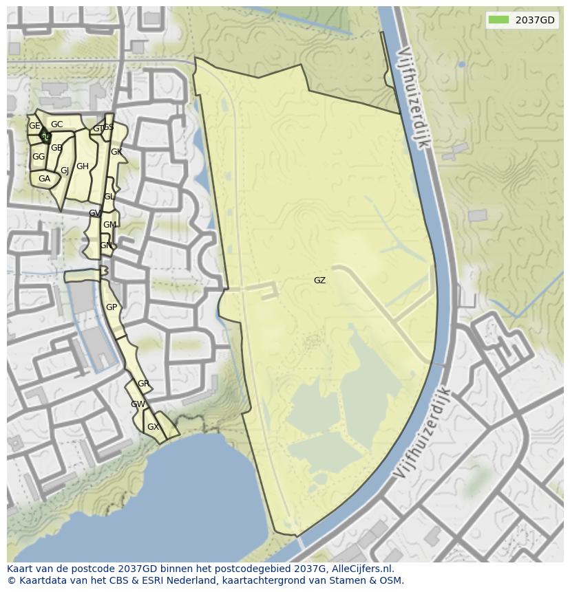 Afbeelding van het postcodegebied 2037 GD op de kaart.