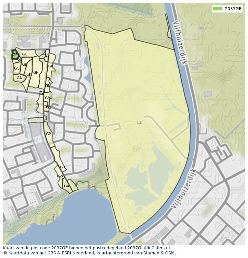 Afbeelding van het postcodegebied 2037 GE op de kaart.