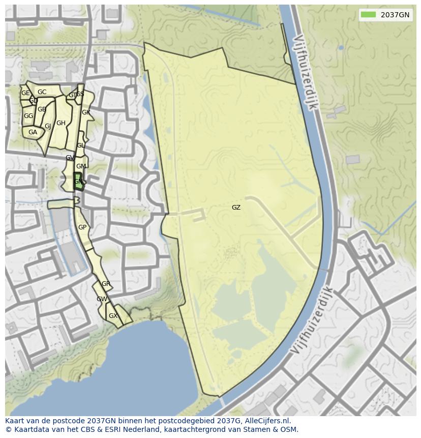 Afbeelding van het postcodegebied 2037 GN op de kaart.