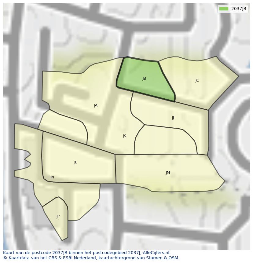 Afbeelding van het postcodegebied 2037 JB op de kaart.