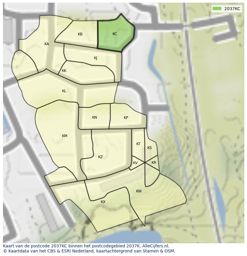 Afbeelding van het postcodegebied 2037 KC op de kaart.
