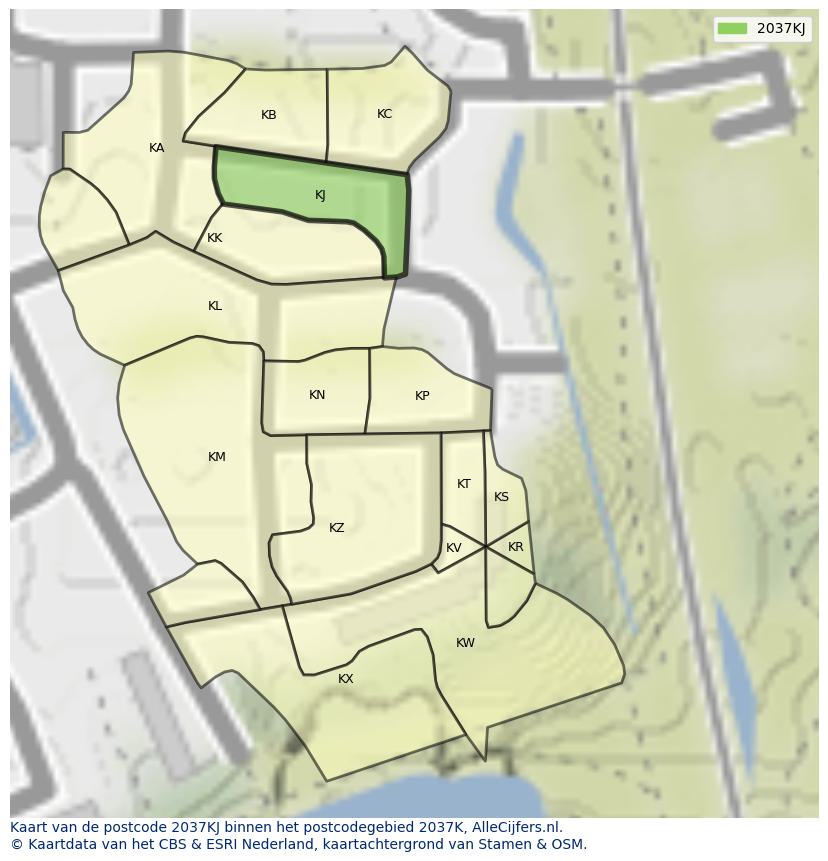 Afbeelding van het postcodegebied 2037 KJ op de kaart.