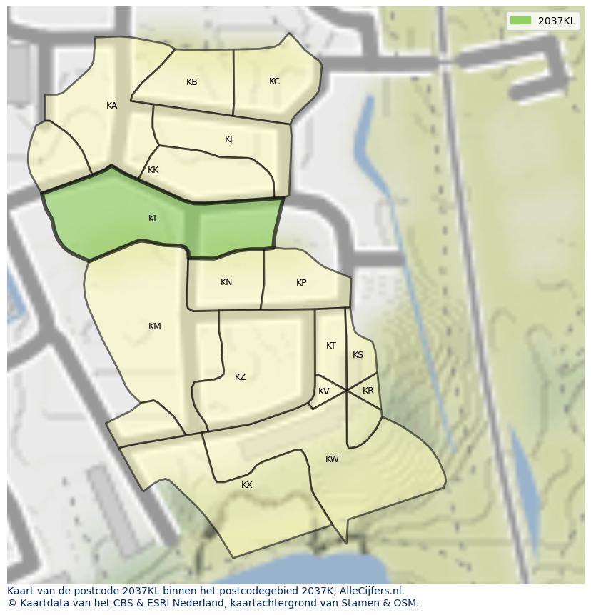 Afbeelding van het postcodegebied 2037 KL op de kaart.