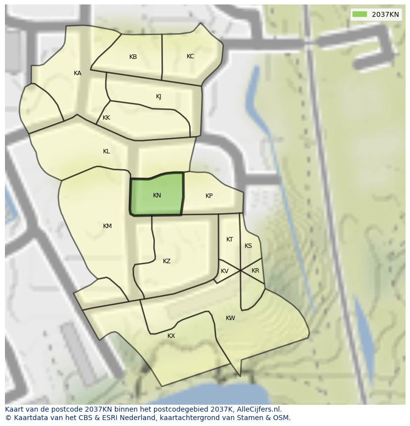 Afbeelding van het postcodegebied 2037 KN op de kaart.