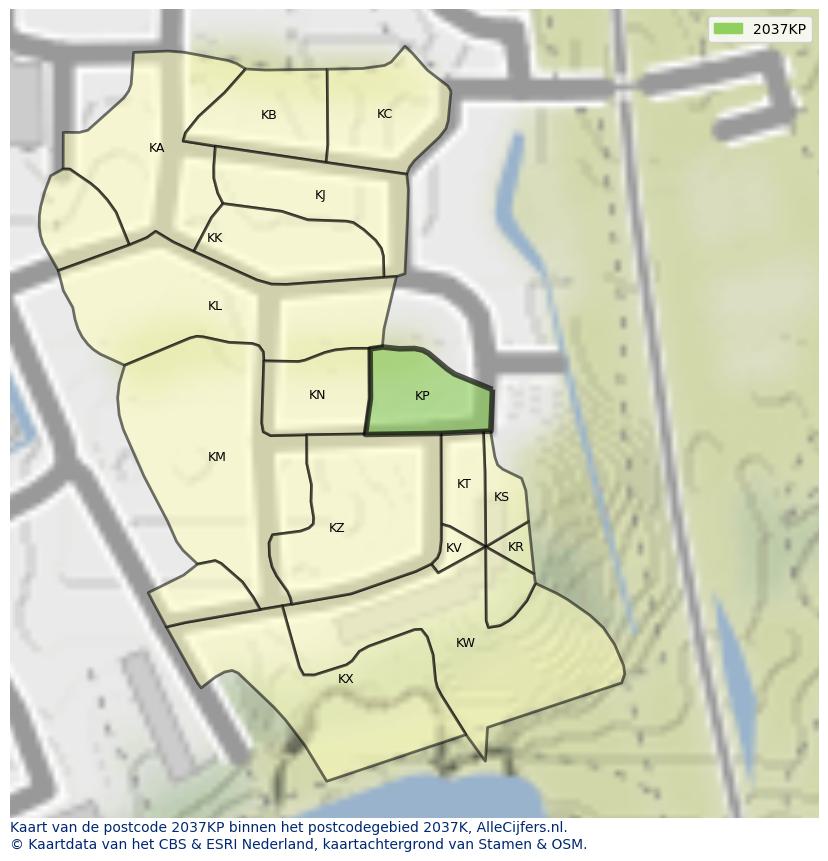 Afbeelding van het postcodegebied 2037 KP op de kaart.
